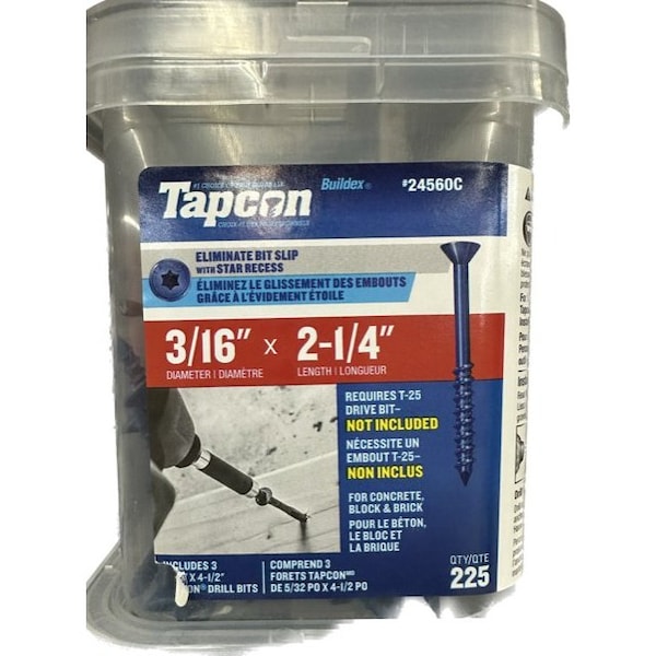 3/16-inch x 2-1/4-inch Climaseal Blue Flat Head T25 Concrete Screw Anchors With Drill Bit, 225PK